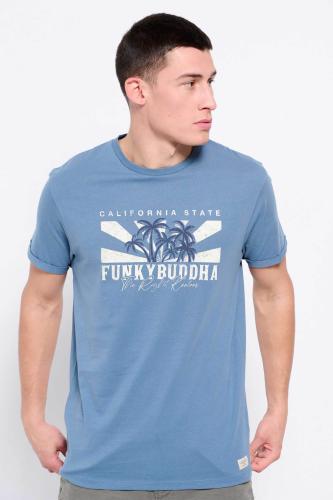 Funky Buddha ανδρικό βαμβακερό T-shirt μονόχρωμο με vintage-look logo print μπροστά - FBM007-040-04 Γκρι Γαλάζιο